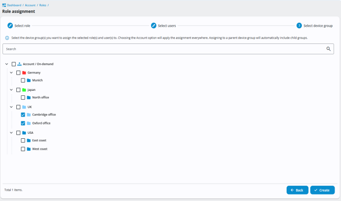 Role assignment wizard, showing step 3: Select device group. A folder tree displays device groups under the parent group Account / On-demand, including subgroups. A search bar is provided to filter device groups. At the bottom right are Back and Create buttons. Steps 1 (Select role) and 2 (Select users) are marked as complete.